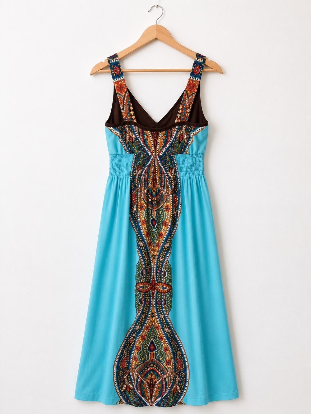 Boho Paisley Maxi Dress Turquoise Blue Sleeveless Empire Waist Resortwear - Picture 4 of 6